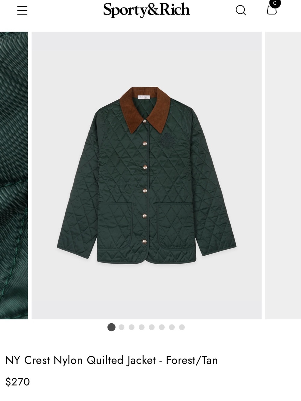 Crest Quilted Bomber Jacket in Forest Green with Tan Collar